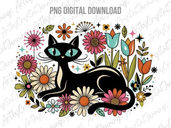 Download Retro 70s Black Cat Floral PNG - Premium Resources